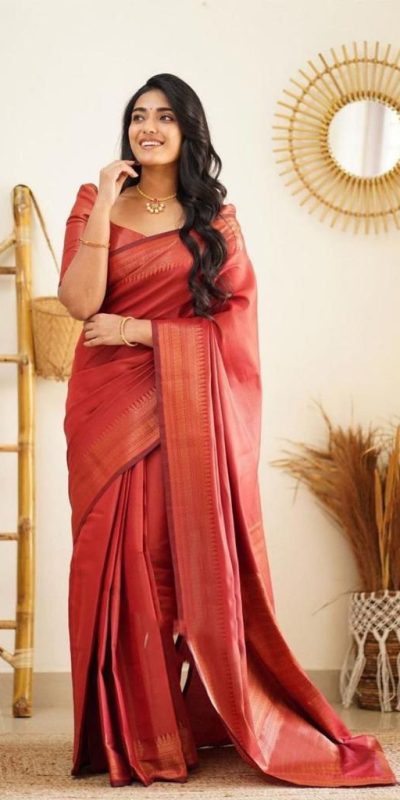 Slightly Red Color Soft Lichi Silk Cloth Rich Pallu All Over Saree