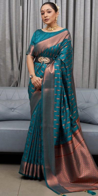 Soft Peacock Green Color Pure Silk With Pure Zari Weaving Saree