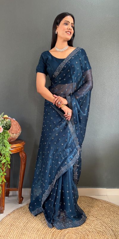 Special Blue Color Pure Satara Heavy Siloski Dimond Work Saree