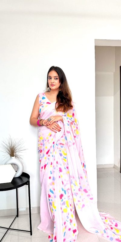 Special Light Pink Color faux Georgette Digital Printed Allover Saree