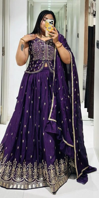 Stylish Black Color Chinon Embroidery Thread Work Lehenga Choli
