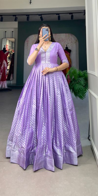 Stylish Lavender Color Jacquard Silk Floral weaving work Gown