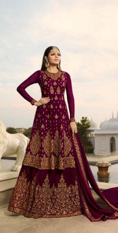 Stylish Maroon Color Georgette Embroidery Work Sharara Suit