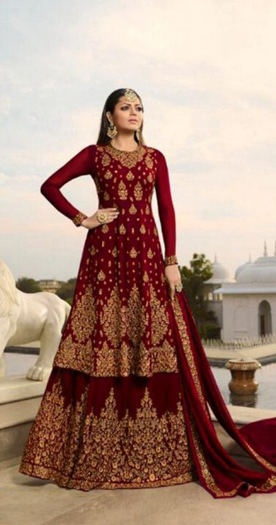Stylish Red Color Georgette With Embroidery Work Sharara Suit