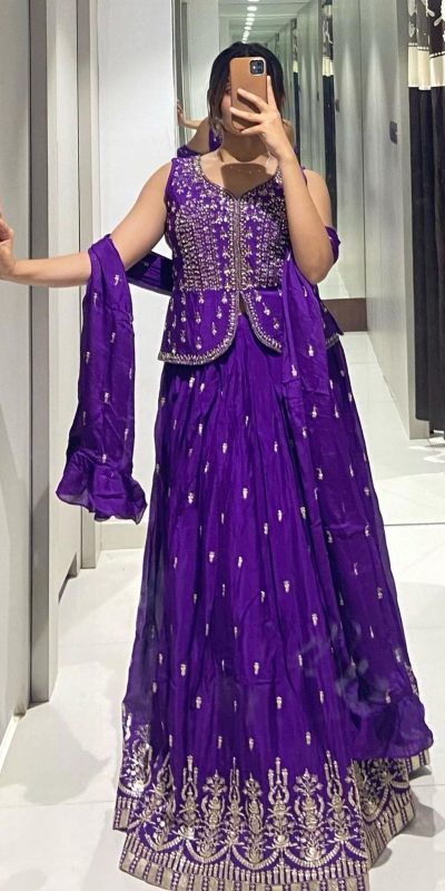 Stylish Violet Color Chinon Embroidery Thread Work Lehenga Choli
