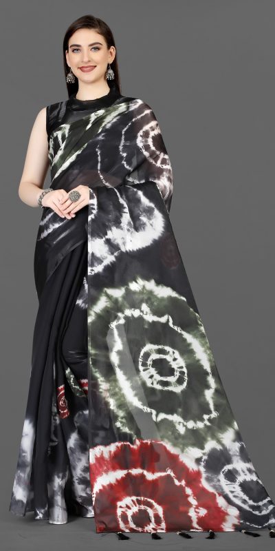 Sublime Black Color Zimmi Chu Digital Sibori Printed Work Saree