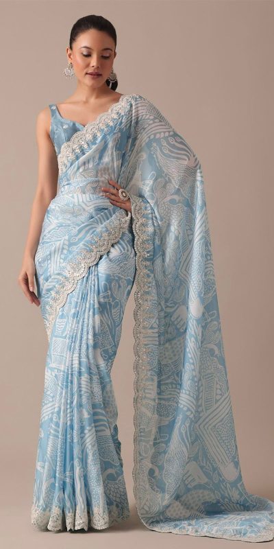 Sublime Blue Color Georgette Digital Prints Embroidery Saree