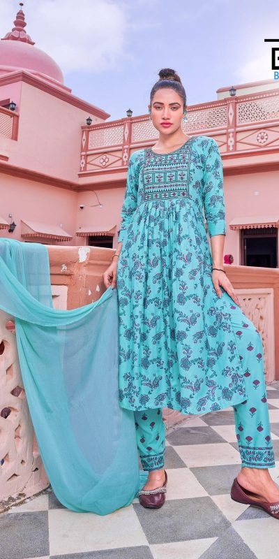 Sublime Blue Color Heavy Rayon With Embroidery Printed Kurti