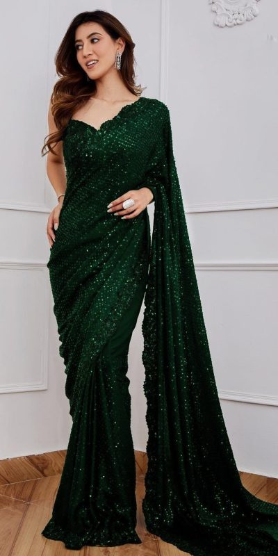Sublime Bottle Green Georgette Embroidery Malty Thread Saree
