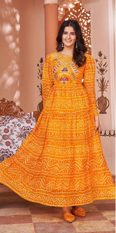 Sublime Orange Color Heavy Georgette Printed Embroidery Gown