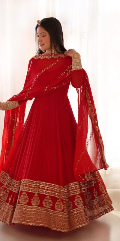 Sublime Red Color Faux Georgette Silk Embroidery Salwar Suit