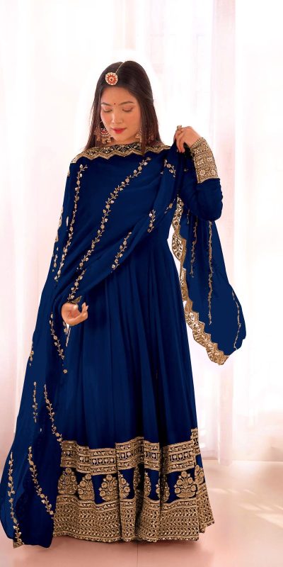 Sublime Blue Color Faux Georgette Silk Embroidery Salwar Suit