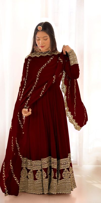Sublime Wine Color Faux Georgette Silk Embroidery Salwar Suit