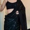 Superb Black Color Georgette Embroidery Cotton Thread Saree
