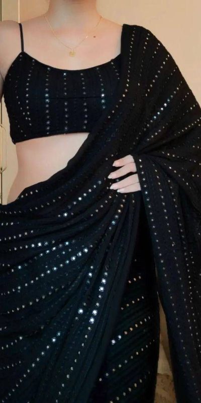 Superb Black Color Georgette Embroidery Cotton Thread Saree