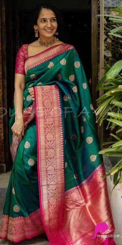 Superb Green Color Soft Lichi Silk Cloth Beautiful Rich Pallu Saree