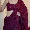 Superb Maroon Color Georgette Embroidery Cotton Thread Saree