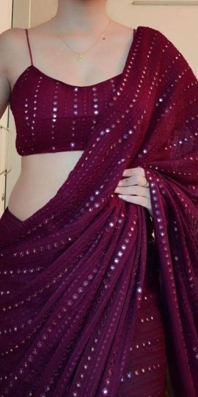 Superb Maroon Color Georgette Embroidery Cotton Thread Saree