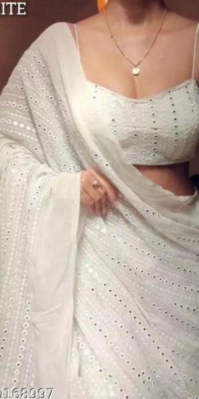 Superb White Color Georgette Embroidery Cotton Thread Saree