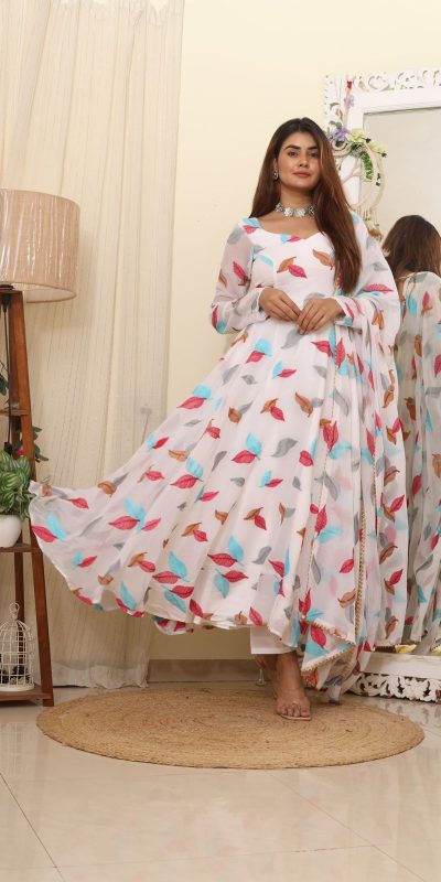 Superb White Georgette Embroidered Swarovski Anarkali Suit