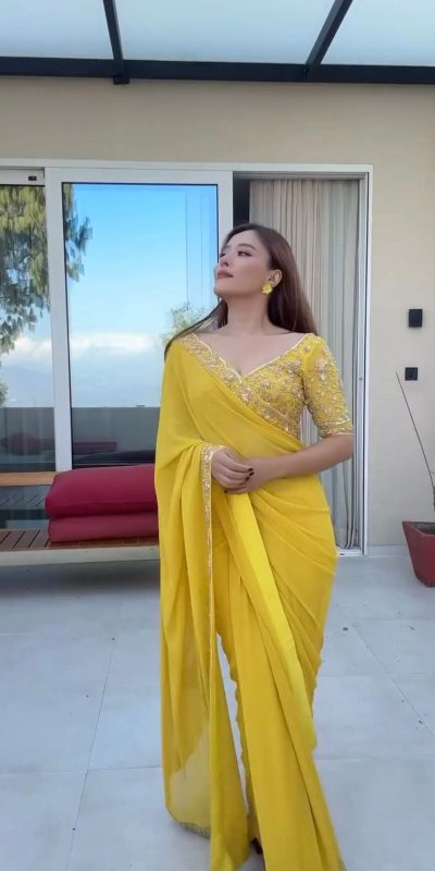 Superb Yellow Color Faux Georgette Thread With Sequence Saree