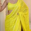 Superb Yellow Color Georgette Embroidery Cotton Thread Saree