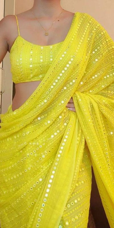 Superb Yellow Color Georgette Embroidery Cotton Thread Saree