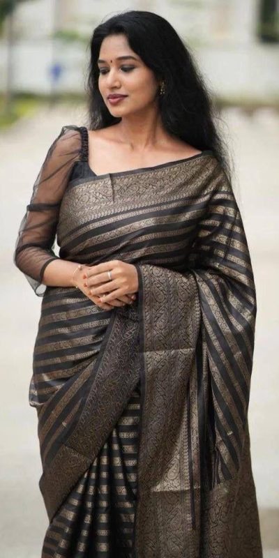 KP 4085 Black Color Soft Lichi Silk Jacquard On All Over Saree Casual, Party Wear, Wedding, Events Etc. Expected Delivery 4-6 Working Days @1399/- | Designer Sarees, Sarees, Bollywood Sarees, Creative Sarees, Embroidered Sarees, Ethnic Saree, Modern Digital sarees, Party Wear Sarees