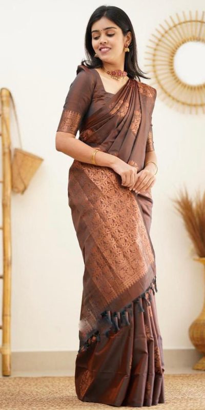 KP 4064 Coffee Color Soft Lichi Silk Jacquard On All Over Saree Casual, Party Wear, Wedding, Events Etc. Expected Delivery 4-6 Working Days @1249/- | Designer Sarees, Sarees, Bollywood Sarees, Creative Sarees, Embroidered Sarees, Ethnic Saree, Modern Digital sarees, Party Wear Sarees