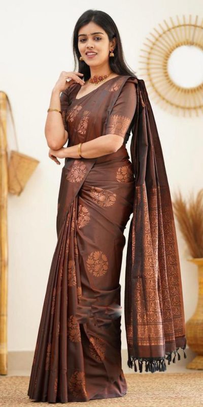 KP 4064 Coffee Color Soft Lichi Silk Jacquard On All Over Saree Casual, Party Wear, Wedding, Events Etc. Expected Delivery 4-6 Working Days @1249/- | Designer Sarees, Sarees, Bollywood Sarees, Creative Sarees, Embroidered Sarees, Ethnic Saree, Modern Digital sarees, Party Wear Sarees