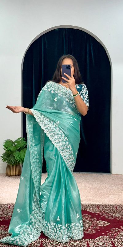 Aglow Blue Color Burberry With Blooming Embroidery Saree