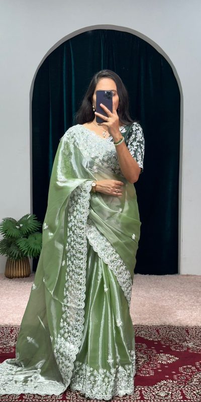Aglow Green Color Burberry With Blooming Embroidery Saree