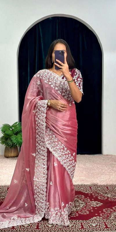 Aglow Pink Color Burberry With Blooming Embroidery Saree