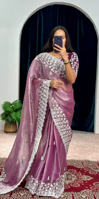 Aglow Purple Color Burberry With Blooming Embroidery Saree