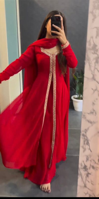 Aglow Red Color Georgette Embroidery Sequence Salwar Suit