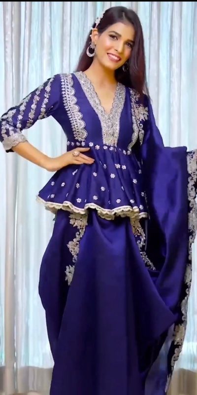 Aglow Royal Blue Color Japan Satin Embroidery Sequence Saree