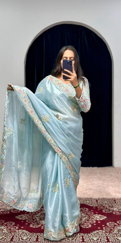 Aglow Sky Blue Color Jimmy Choo Thread Embroidery Work Saree