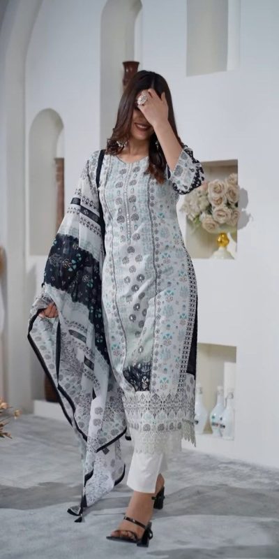 Aglow White Color Maslin Digital Printed Hand Work Salwar Suit