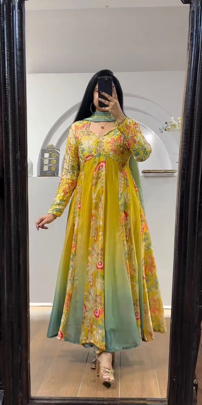 Aglow Yellow Color Muslin Digital Printed Hand Work Salwar Suit