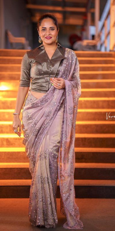 Anasuya Bharadwaj Purple Organza Silk Embroidery Thread Saree
