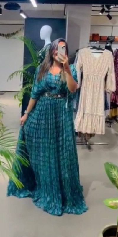 Artful Blue Georgette Digital Print Handwork Real Khatli Gown