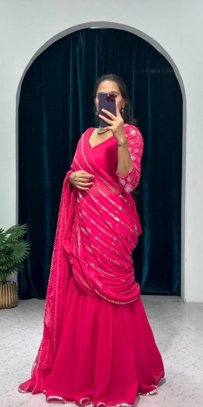 Artful Pink Color Georgette Embroidery Moti Work Lehenga Saree
