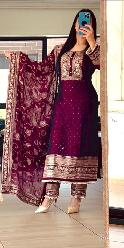 Artful Purple Color Chinon Silk Embroidery Sequence Salwar Suit