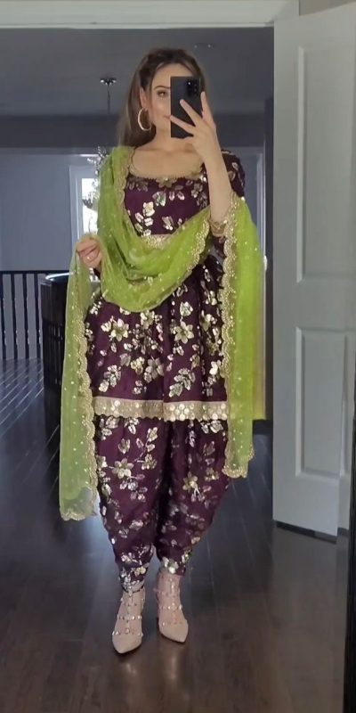 Artful Purple Color Georgette Less Patti Work Sleeve Salwar Suit