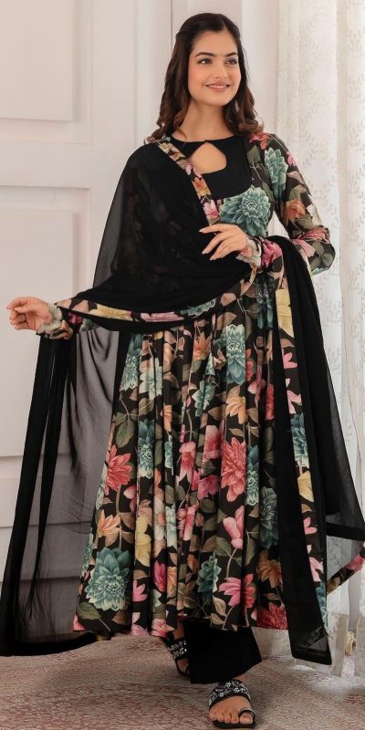 Beautiful Black Color Chant Crepe Digital Printed Work Gown