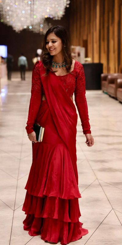 Beautiful Red Color Chinon silk Thread Sequence Lehenga Saree