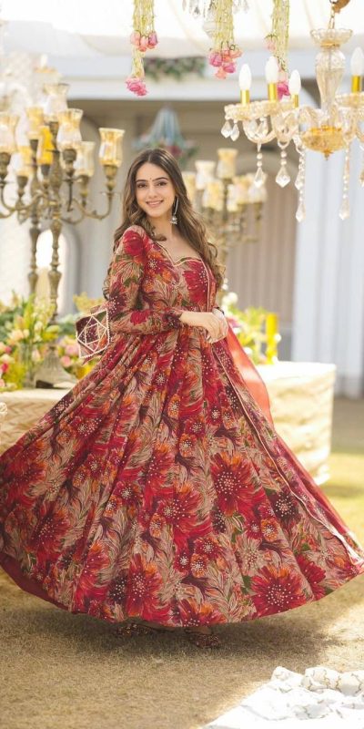 Beautiful Red Color Rayon Digital Printed Full Sleeves Gown