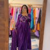 Beautiful Violet Color Chinon Embroidery Thread Work Gown