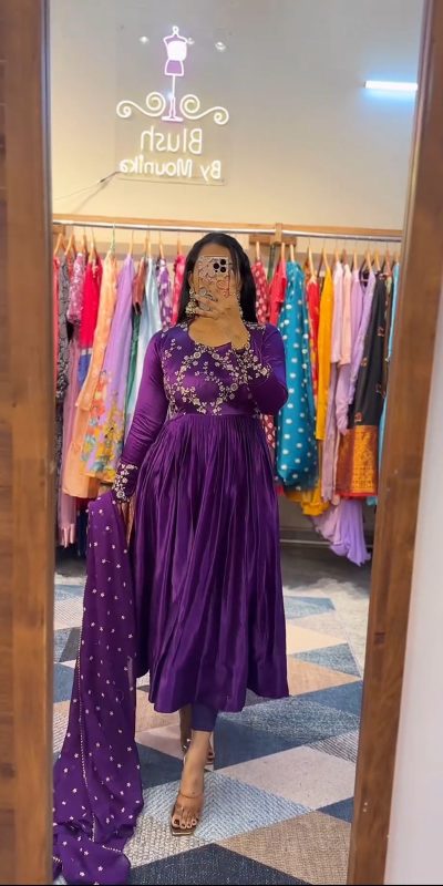 Beautiful Violet Color Chinon Embroidery Thread Work Gown