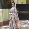 Classic Grey Color Linen Beautiful Digital Printed Work Saree